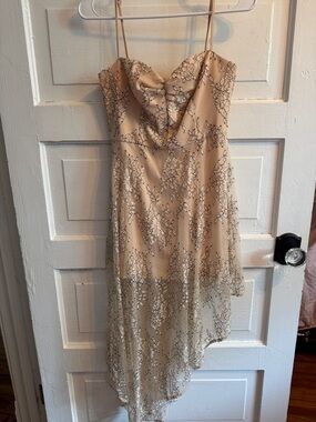 NBD Beige Floral Lace High-Low Slip Dress
